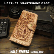 多機種対応 レザースマホケース 手帳型 本革 カービング マグネット ナチュラル S/M/Lサイズ Hand Carved Leather Flip Case for Smartphone Natural/Tan WILD HEARTS Leather&Silver (ID sc3093)