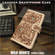 多機種対応 手帳型スマホケース スライド式 カービング 手作り/ハンドメイド ３サイズ ナチュラル Hand Carved Leather Folio Flip Case for iPhone/Smartphone 3-size Tan WILD HEARTS Leather&Silver (ID sc3826)