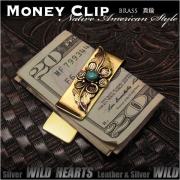 ブラス真鍮製マネークリップ ネイティブアメリカン ターコイズ フェザー Brass Mens Fashion Money Clip Purse Wallet Card Cash Holder Turquoise Native American Design WILD HEARTS Leather&Silver (ID mc3819r3)