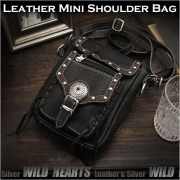 送料無料！レザーショルダーバッグ/ポーチ　レザー　牛革　ブラック Best Quality genuine leather Leather Shoulder Travel Bag/Purse WILD HEARTS Leather&Silver (ID sb1243b28)