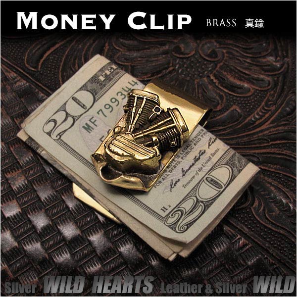 ブラス 真鍮製マネークリップ ハーレー エンジン Brass Mens Fashion Money Clip Purse Wallet Card Cash Holder Harley Davidson Motorcycle Engine Design WILD HEARTS Leather&Silver (ID mc3820r3)za012