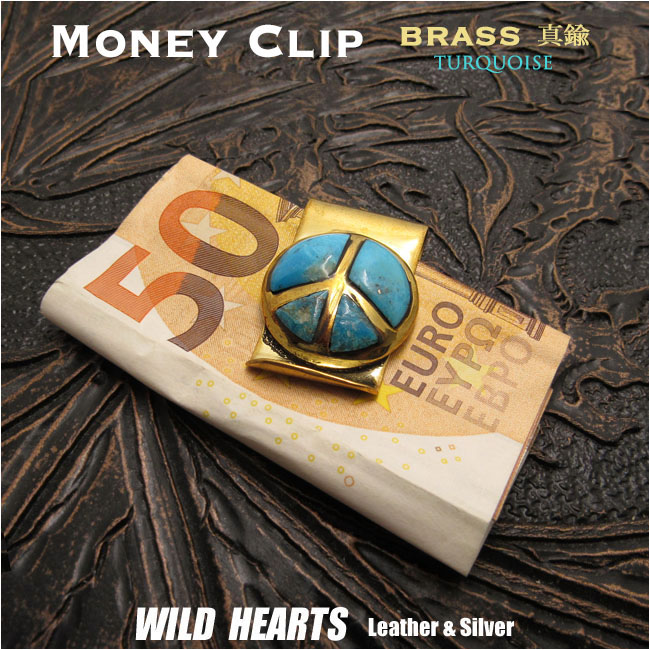 ブラス 真鍮製 マネークリップ ピースマーク Brass Mens Fashion Money Clip Purse Wallet Card Cash Holder Peace Symbol Sign Love&Peace WILD HEARTS Leather&Silver (ID mc3355r3)