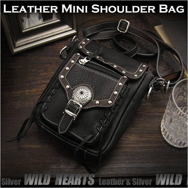 送料無料！レザーショルダーバッグ/ポーチ　レザー　牛革　ブラック Best Quality genuine leather Leather Shoulder Travel Bag/Purse WILD HEARTS Leather&Silver (ID sb1243b28)