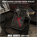 カービング　ロングウォレット　ライダースウォレット　スカル／十字架／蝙蝠 Leather Biker Wallet Bat&Skull Carved Red Cross Python Gothic  WILD HEARTS Leather&Silver (ID lw1452)