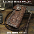 本革 ライダースウォレット バイカーズウォレット ハンドメイド 花柄カービング ダークブラウン Floral carving Biker wallet Carved wallet Leather WILD HEARTS Leather&Silver(ID lw0869)