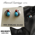 クリックポストのみ送料無料！インディアンジュエリー ピアス シルバー925 ターコイズ&レッドコーラル Native American Style Turquoise&Red Coral Sterling Silver Pierced Earrings WILD HEARTS Leather&Silver(ID se1562)