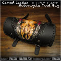 レザー　本革　ツールバッグ　カービング 　フォークバッグ　スカル／バッファロー　バイク／ハーレー Cow Skull Carved Leather Tool Bag Mini Saddle Bag Storage Tool Pouch for Motorcycle Harley-Davidson  WILD HEARTS Leather&Silver (ID sb3825)