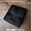 二つ折り財布 財布 ワニ革 クロコダイル  本革 ショートウォレット ブラック/黒 Genuine Crocodile Skin Leather Bifold Biker Wallet WILD HEARTS Leather&Silver(ID sw4557r14)