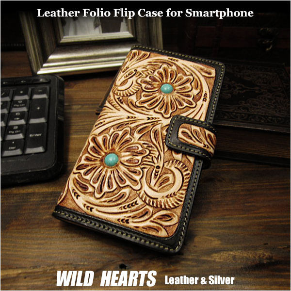 多機種対応 手帳型スマホケース スライド式 カービング 手作り/ハンドメイド ３サイズ Hand Carved Leather Folio Flip Case for iPhone/Smartphone 3-size WILD HEARTS Leather&Silver (ID sc3827)