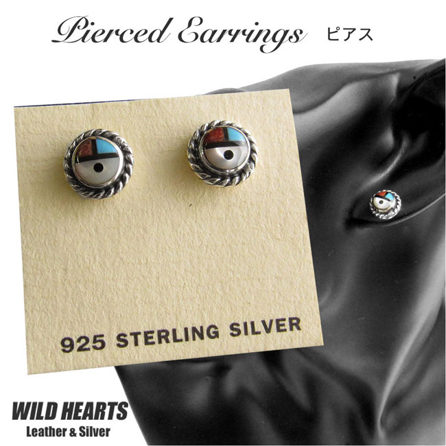 クリックポストのみ送料無料！インディアンジュエリー ピアス シルバー925 サンフェイス/ターコイズ/レッドコーラル シルバーアクセサリー Native American style Sun Face Pierced Earrings Sterling Silver/Turquoise/Red Coral WILD HEARTS Leather&Silver (ID se4174)