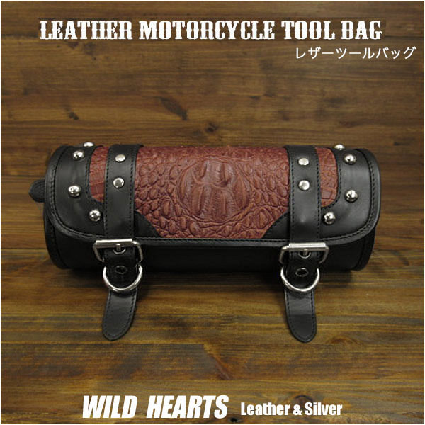 送料無料！レザー　本革　ツールバッグ　クロコダイル/型押し　バイク／ハーレー Leather Motorcycle Tool Bag Mini Saddle Crocodile/Embossed Leather WILD HEARTS Leather&Silver(ID sb3878)