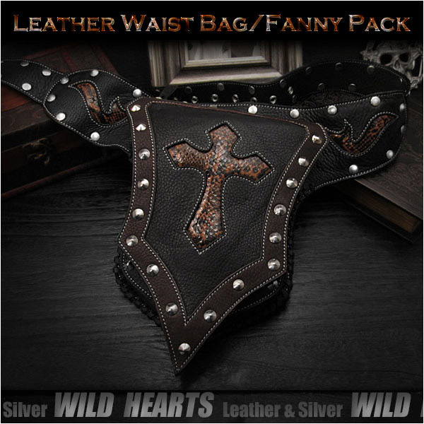 パンクスタイルのオリジナルデザイン！ウエストバッグ/ヒップバッグ/本革/レザー/Men's Genuine Fanny Pack/Waist Bag WILD HEARTS leather & silver (ID wb0732b39)