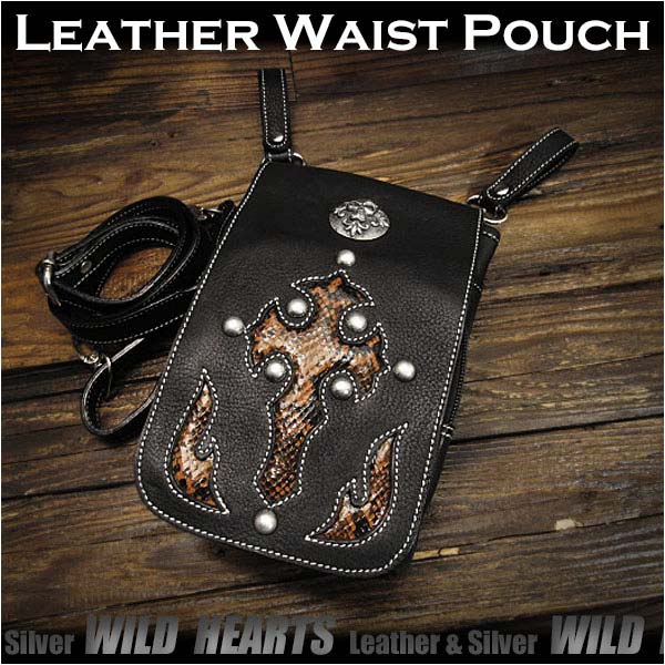 ３WAY　ベルトポーチ　ウエストポーチ／シザーバッグ　　ショルダーバッグ　レザー　本革 Genuine Leather Waist Pouch Purse Belt Pouch Shoulder bag Travel Bag WILD HEARTS Leather&Silver(ID wp0847r58)