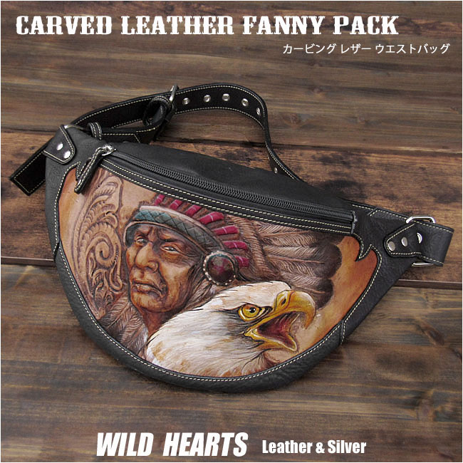 ウエストバッグ ヒップバッグ カービング バイカー ワイルド ファニーパック インディアン＆イーグル ウエスタン 牛革 本革 レザー Genuine Leather Fanny Pack WILD HEARTS Leather&Silver(ID wb4501t31)