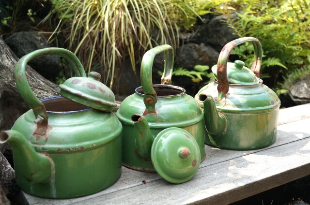 希少アンテークホーロー Vegetables缶 アンティーク】ホーローグリーンケトル