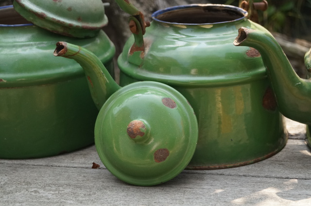 アンティーク】ホーローグリーンケトル