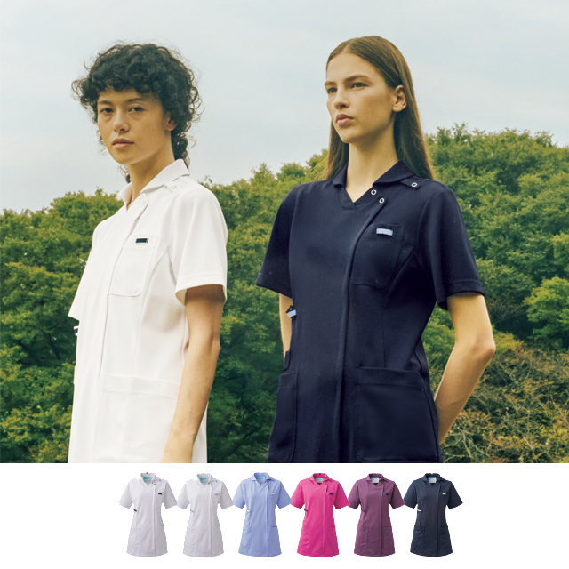 KAZEN(カゼン) KZN710-18 KZN710-19 KZN710-21 KZN710-25 KZN710-27 KZN710-28 レディススクラブジャケット半袖(衿付)