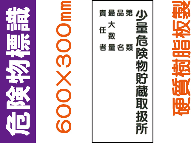 危険物標識 KE104「少量危険物貯蔵取扱所・第類・品名・最大数量・責任者」