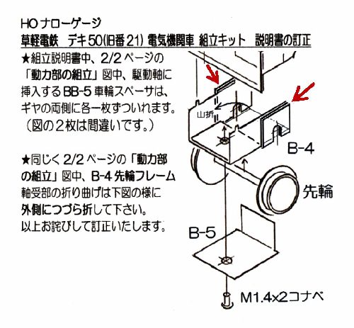HOナロー草軽電鉄デキ50組立キット説明書に訂正がございます。