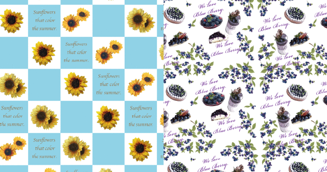 ひまわりとブルーベリー柄の季節感ある包装紙例