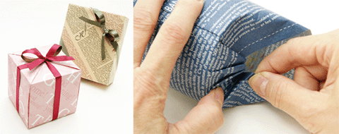 ラッピングの基本の包みと円筒形の包んでいるところ