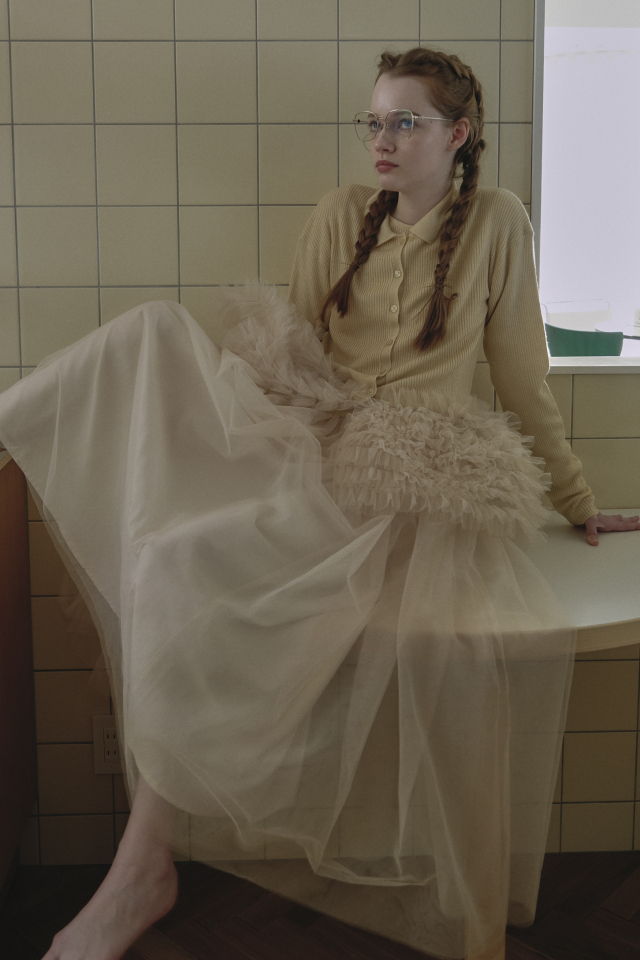 HONEY MI HONEY｜リブニットボリュームチュールワンピース｜異素材