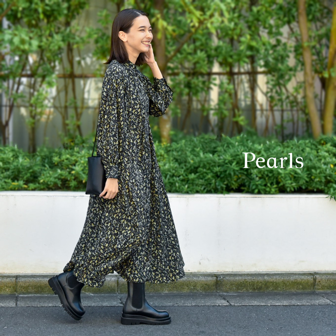 授乳服 マタニティ 花柄 ワンピース フラワープリント シャツワンピース ロング マキシ 春夏 秋 授乳口 前開き 妊婦服 産前産後 オシャレ おしゃれ 可愛い かわいい 黒 ブラック Pearls パールズ