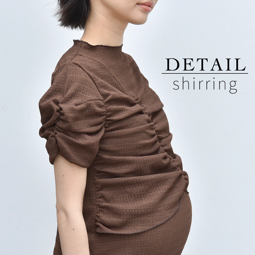 授乳服 ワンピース 半袖 マタニティ 授乳口付き ジャガード 袖デザイン シャーリング アシンメトリー 春夏 夏 マキシ ロング ロング丈 産前産後 おしゃれ オシャレ 可愛い かわいい ママ 妊婦 妊婦服 モード 黒 ブラック ブラウン Pearls パールズ