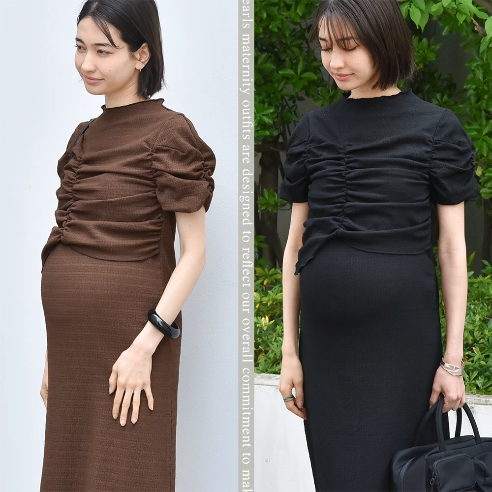 授乳服 ワンピース 半袖 マタニティ 授乳口付き ジャガード 袖デザイン シャーリング アシンメトリー 春夏 夏 マキシ ロング ロング丈 産前産後 おしゃれ オシャレ 可愛い かわいい ママ 妊婦 妊婦服 モード 黒 ブラック ブラウン Pearls パールズ