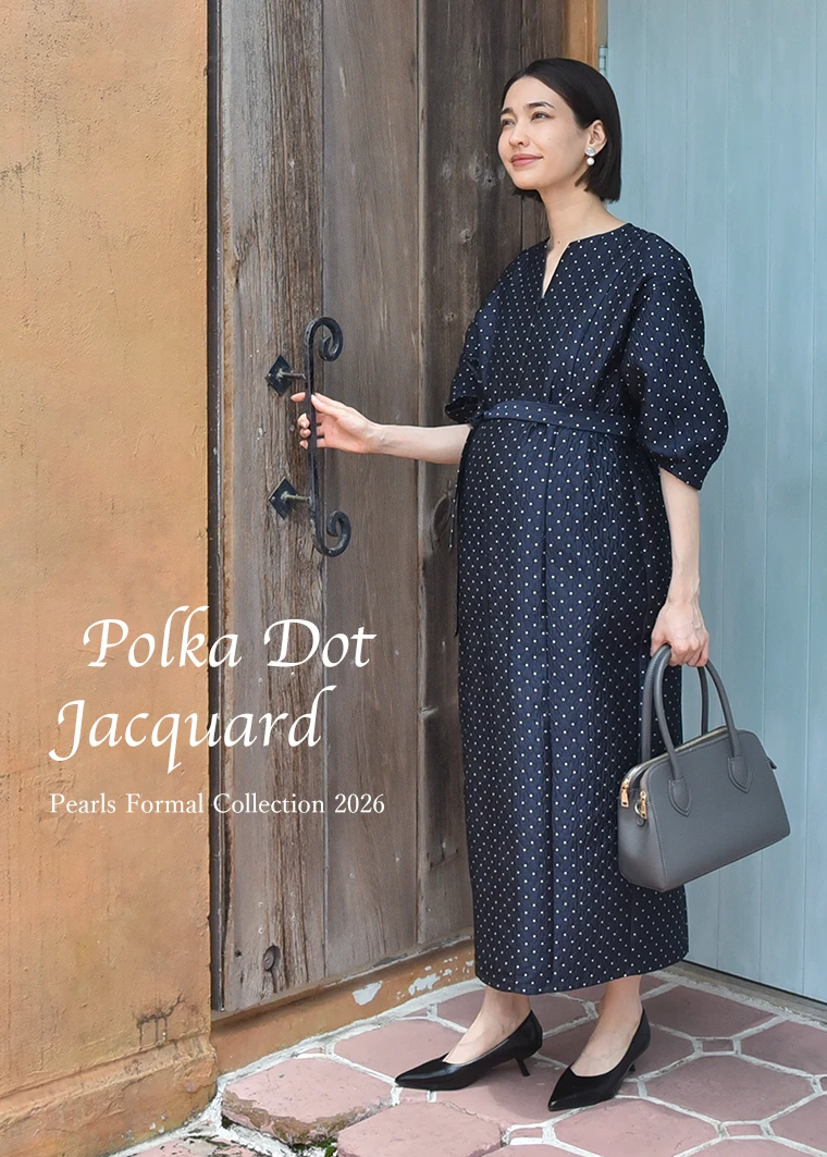 【2026SS新作】マタニティから産後も綺麗なシルエットのロング丈ドットジャガードドレス