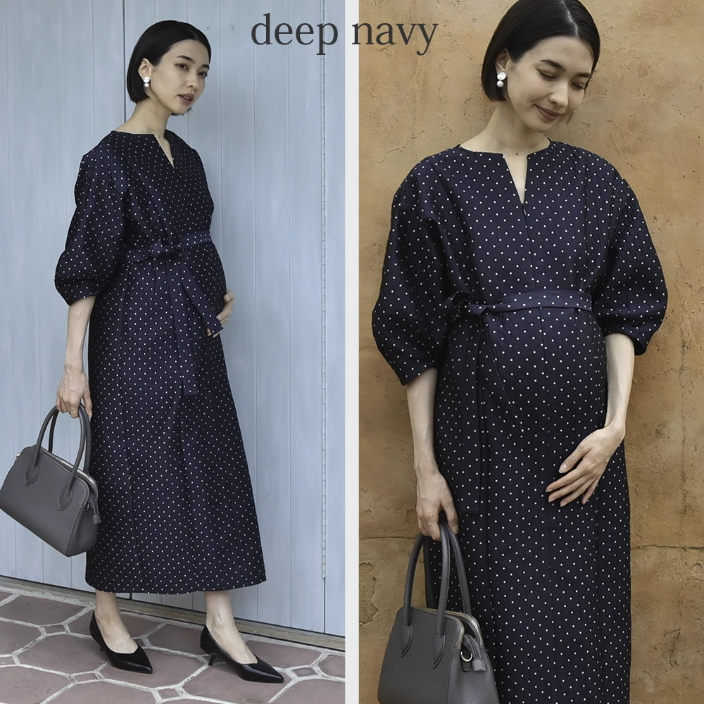 授乳服 マタニティ お宮参り ワンピース フォーマル ロング ボリューム袖 七分袖 ドット ジャガード ドレス 入学式 入園式 卒園式 結婚式 七五三 記念写真 フォト 授乳口付き 前開き ウエスト調節 秋 冬 春 妊婦服 産前産後 臨月 オシャレ Pearls パールズ