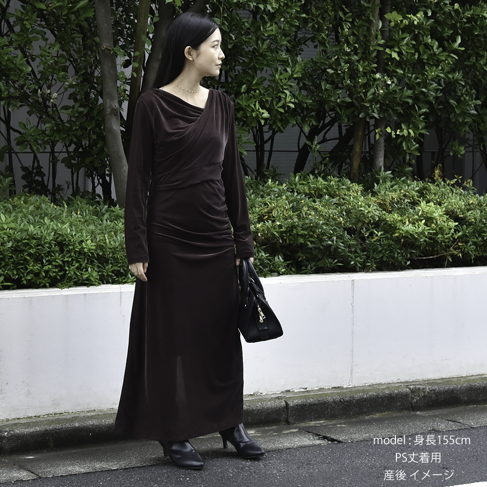 授乳服 マタニティ ワンピース ドレス シアー ベロア カシュクールデザイン シャーリング ストレッチ 授乳口 フォーマル 入学式 入園式 卒園式 結婚式 記念写真 フォト ロング丈 長袖 春 秋 妊婦服 産前産後 おしゃれ 可愛い かっこいい パールズ Pearls