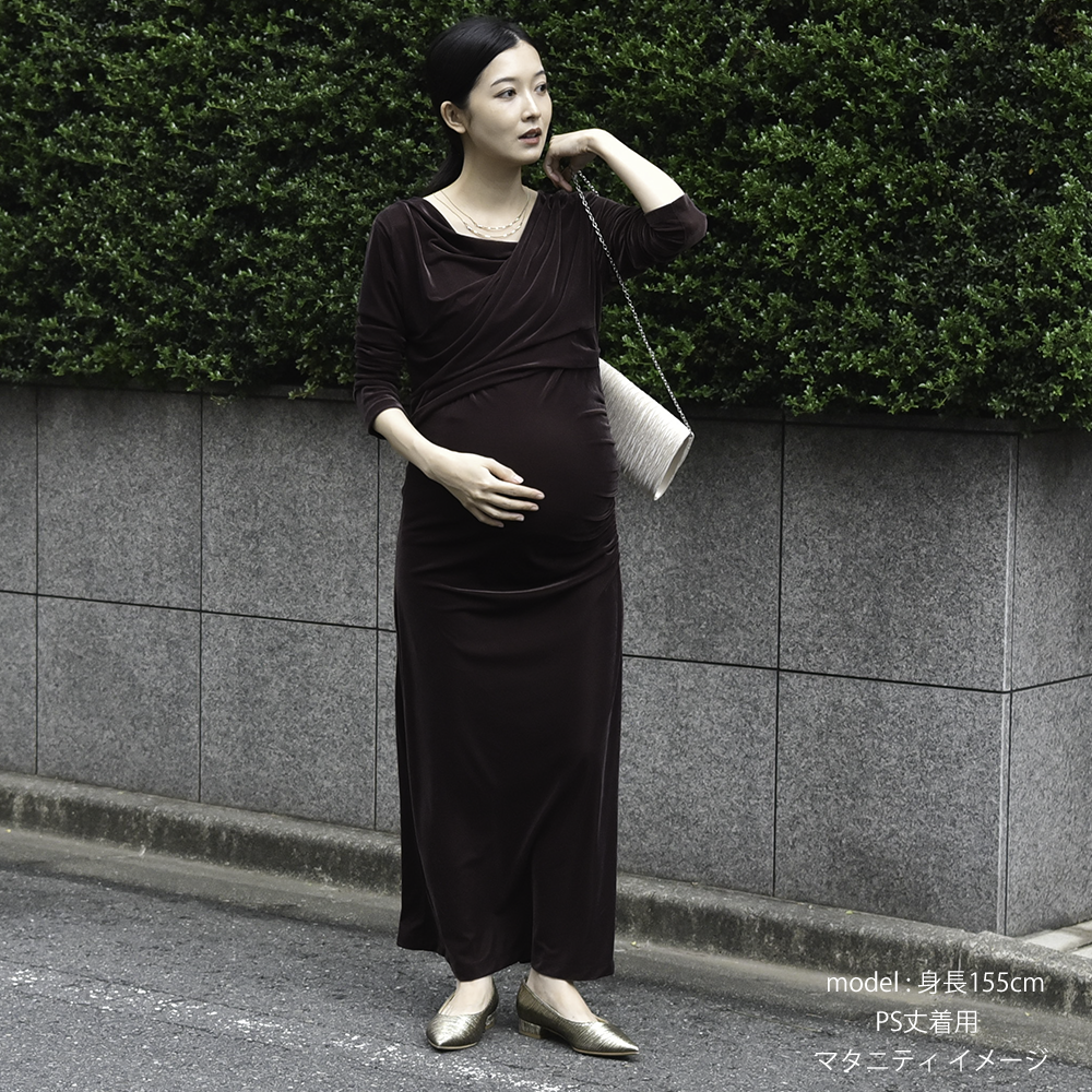 授乳服 マタニティ ワンピース ドレス シアー ベロア カシュクールデザイン シャーリング ストレッチ 授乳口 フォーマル 入学式 入園式 卒園式 結婚式 記念写真 フォト ロング丈 長袖 春 秋 妊婦服 産前産後 おしゃれ 可愛い かっこいい パールズ Pearls
