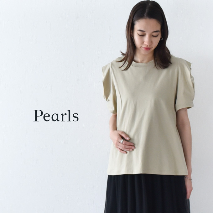 日本製 授乳服 ボリューム袖 デザイン袖 ショルダータック 半袖 夏 マタニティ トップス Tシャツ 裾フレア チュニック 丸首 クルーネック 授乳口付き インナー カットソー 春夏 おしゃれ 可愛い 授乳ケープ一体型 妊婦服 妊婦 Pearls パールズ 