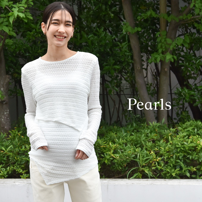 授乳服 トップス 長袖 マタニティ ロンT ジャガード 授乳口付き アシンメトリー 春夏 秋 おしゃれ 可愛い ママ 妊婦 妊婦服 黒 ブラック ベージュ 白 Pearls パールズ