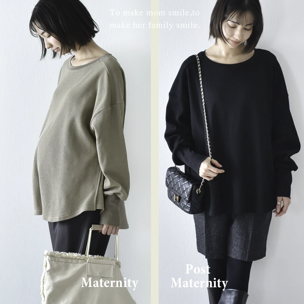 授乳服 マタニティ トップス 長袖 ロンT ワッフル サーマル コットン 授乳口付き 春 秋 冬 おしゃれ 可愛い ママ 妊婦 妊婦服 ワイドシルエット 産前産後 授乳トップス 授乳ケープ 授乳ケープ一体型 Pearls パールズ