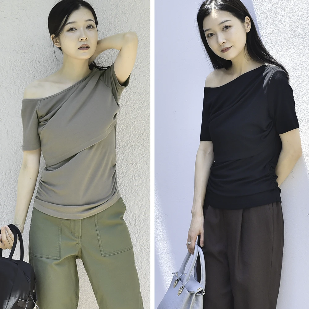 授乳服 マタニティ トップス オフショル 前開き アシンメトリー 半袖 春夏秋 授乳口 妊婦服 産前産後 オシャレ おしゃれ 可愛い かわいい 白 黒 カーキ ブラック Pearls パールズ