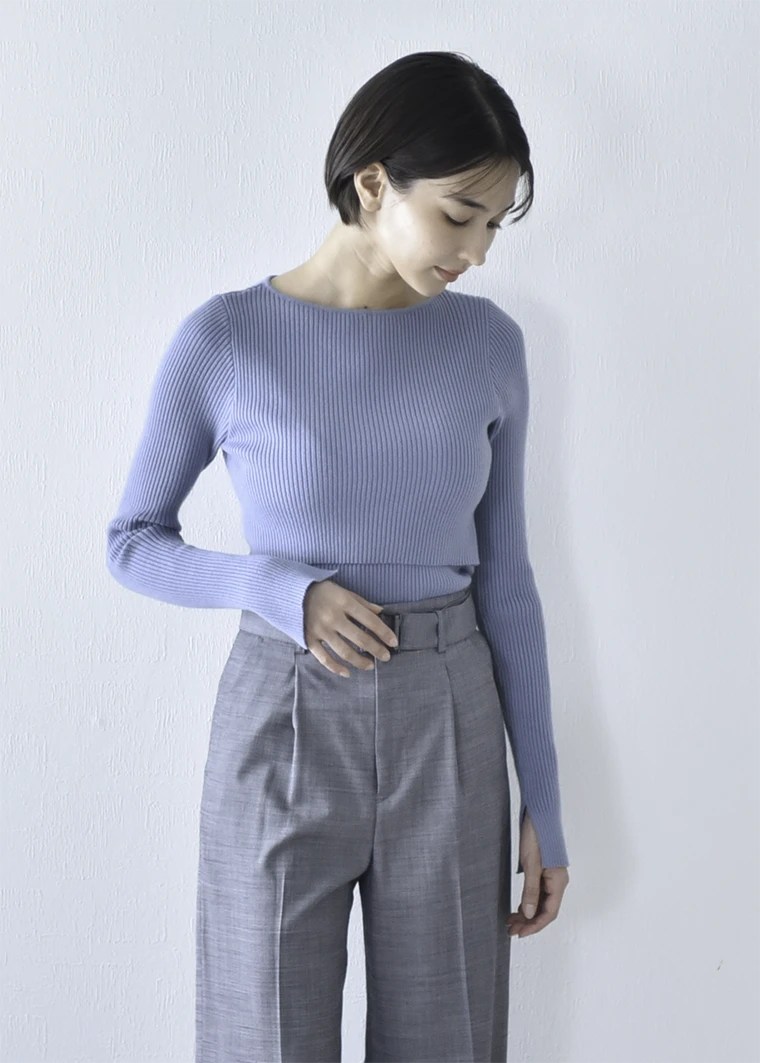 授乳しやすい ヤミツキもっちり袖スリットのボートネックリブニット