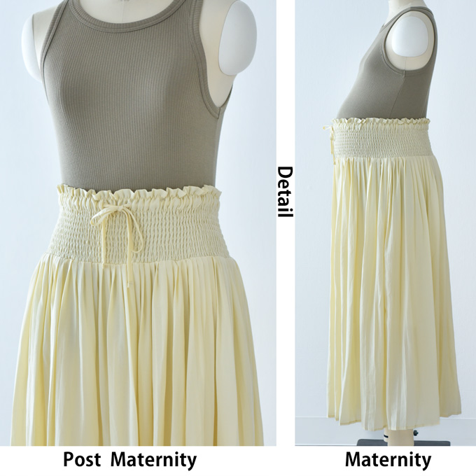 マタニティ スカート ロング プリーツ マキシ 産後兼用 春夏 ボトム ボトムス ウエスト調節 ゴム シャーリング 接触冷感 黒 白 ブラック ホワイト イエロー 産前 産後 臨月 オシャレ 可愛い Pearls パールズ