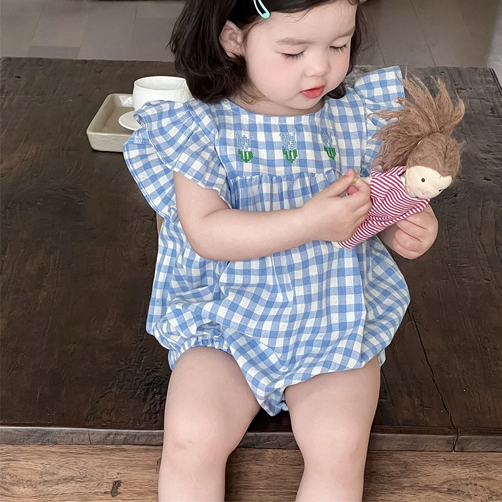 ベビー キッズ ロンパース ベビー服 キッズ服 子供服 チェック ギンガムチェック ショルダーフリル ガーゼ 春夏 服 赤ちゃん 女の子 春 夏 オシャレ おしゃれ かわいい 可愛い 66 73 Pearls パールズ