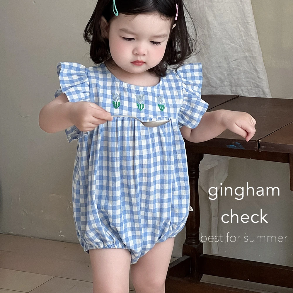 ベビー キッズ ロンパース ベビー服 キッズ服 子供服 チェック ギンガムチェック ショルダーフリル ガーゼ 春夏 服 赤ちゃん 女の子 春 夏 オシャレ おしゃれ かわいい 可愛い 66 73 Pearls パールズ