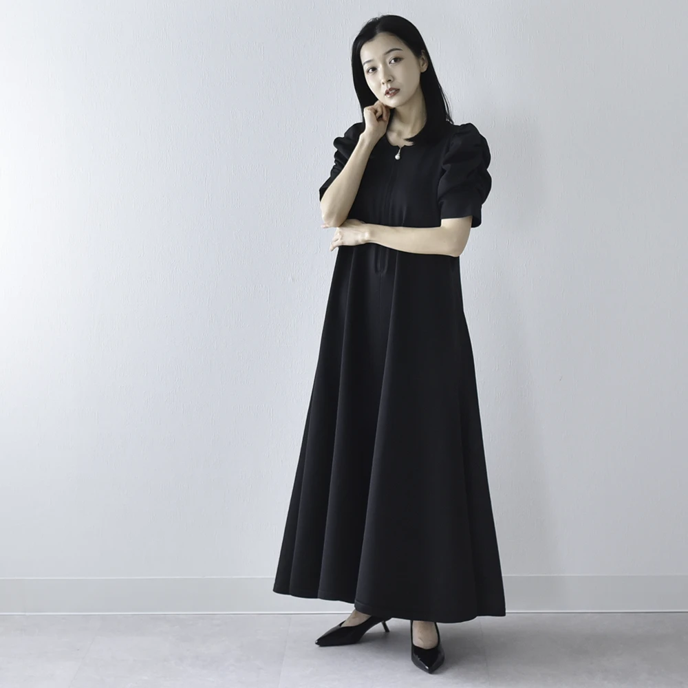 授乳服 マタニティ ニットワンピース ニット ワンピース ドレス 授乳口 半袖 ボリューム袖 ロング丈 フレア お宮参り 入園式 卒園式 入学式 セレモニー 妊婦服 産前産後 オールシーズン おしゃれ オシャレ 可愛い かっこいい パールズ Pearls