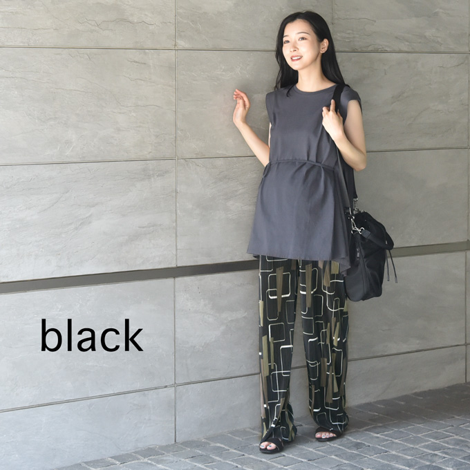 マタニティ パンツ リブ 夏 春 春夏 セルフカット ワイド ストレート プリント ルームウエア ルームウェア ルーム ウエストゴム ウエスト調節機能付 部屋着 ボトム ボトムス イージー ゆったり らくちん 産前産後対応 妊婦服 ブラック 黒 カーキ Pearls パールズ