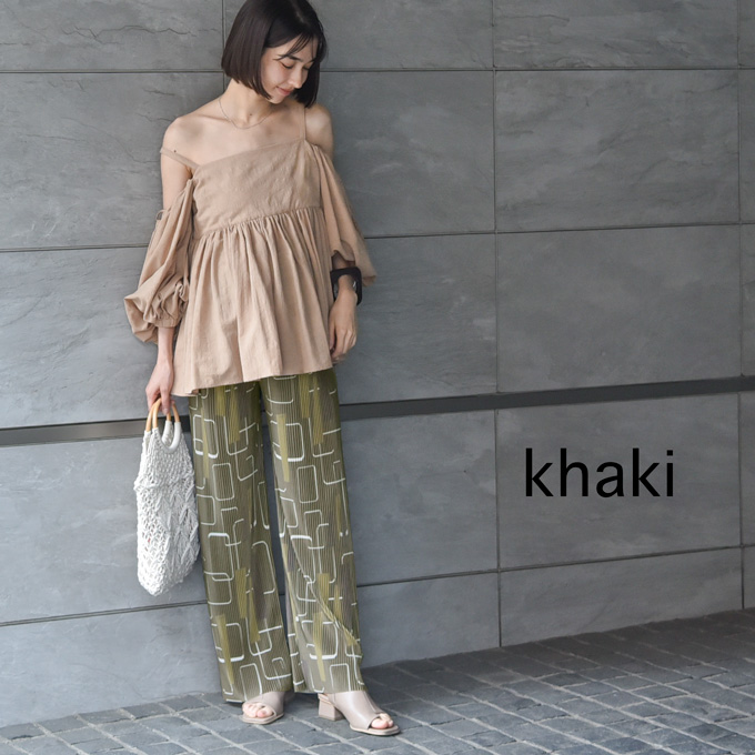 マタニティ パンツ リブ 夏 春 春夏 セルフカット ワイド ストレート プリント ルームウエア ルームウェア ルーム ウエストゴム ウエスト調節機能付 部屋着 ボトム ボトムス イージー ゆったり らくちん 産前産後対応 妊婦服 ブラック 黒 カーキ Pearls パールズ