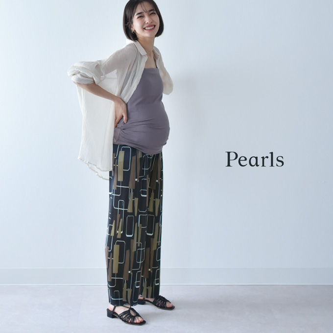 マタニティ パンツ リブ 夏 春 春夏 セルフカット ワイド ストレート プリント ルームウエア ルームウェア ルーム ウエストゴム ウエスト調節機能付 部屋着 ボトム ボトムス イージー ゆったり らくちん 産前産後対応 妊婦服 ブラック 黒 カーキ Pearls パールズ