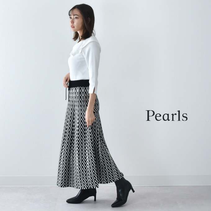 マタニティ スカート ニット ニットスカート 幾何学柄 フレア ロング マキシ 冬 秋冬 暖かい Pearls パールズ