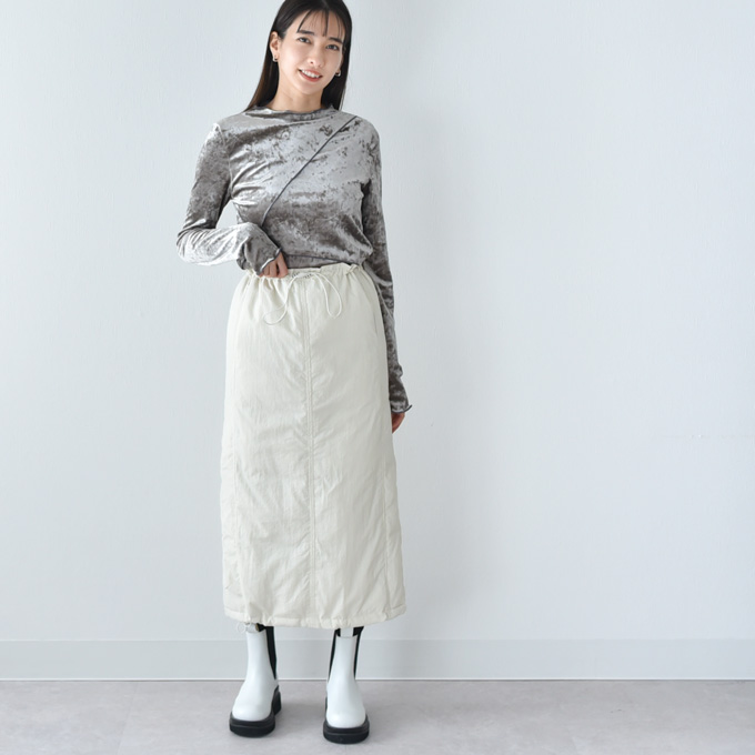 マタニティ マタニティウェア スカート 暖か あったか 防寒 ジャケット ダウン 中綿 ボトム ボトムス アジャスター 秋冬 冬 おしゃれ かわいい 可愛い スリット ボックスシルエット 妊婦 妊婦服 低身長 産前 産後 臨月 黒 ブラック 白 アイボリー Pearls パールズ