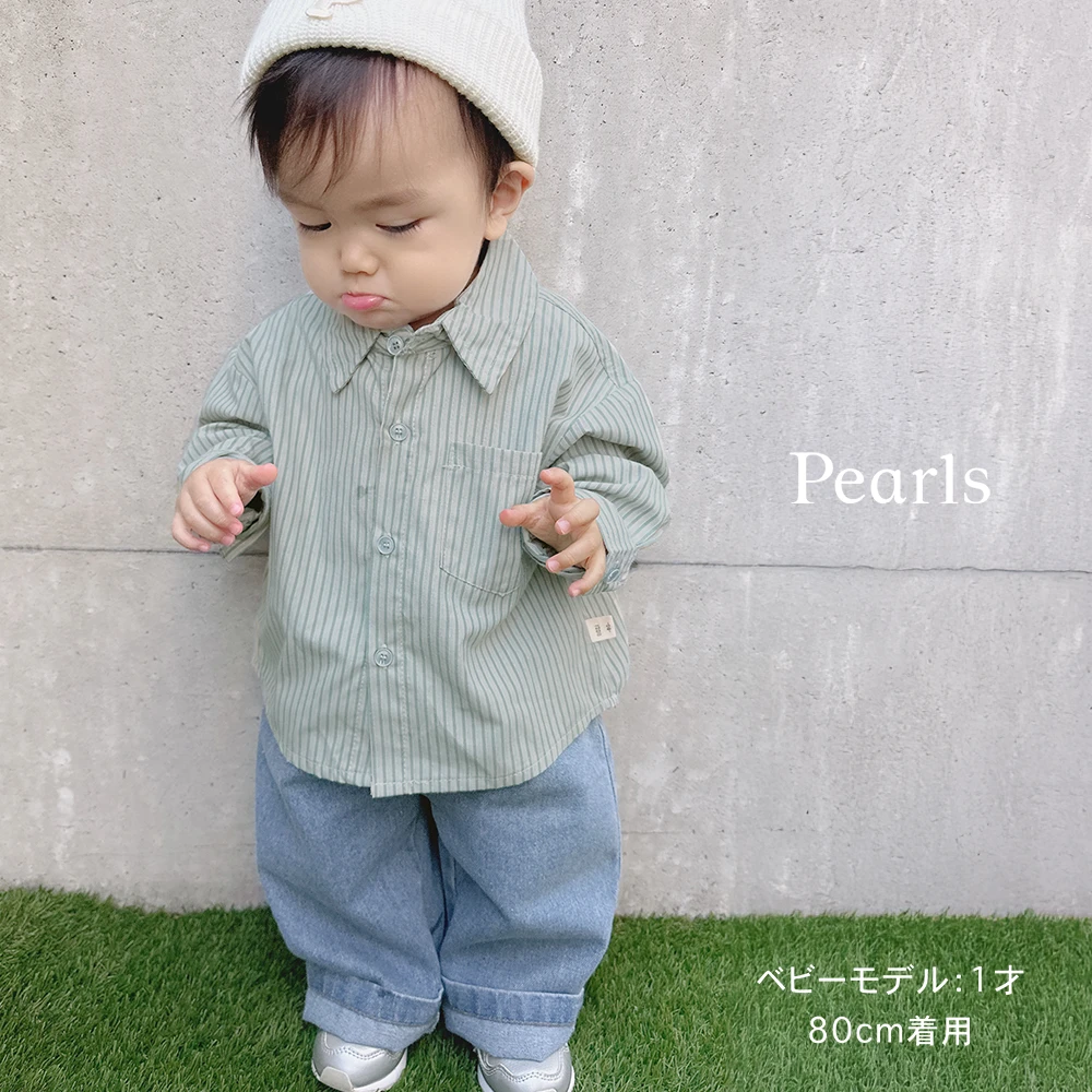 送料無料 ベビー キッズ トップス シャツ ストライプ ベビー服 キッズ服 上着 子供服 長袖 春秋冬 服 男の子 赤ちゃん 春 秋 冬 コットン オシャレ おしゃれ かわいい 可愛い 73 80 90 100 Pearls パールズ