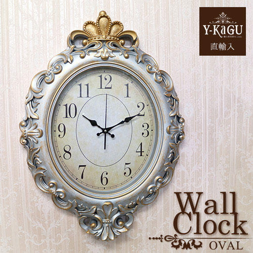 【Y-KAGU直輸入】ウォールクロック(壁時計) シルバー(オーバル)
