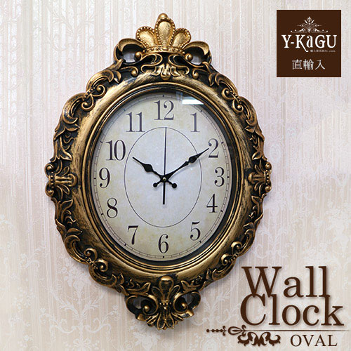 【Y-KAGU直輸入】ウォールクロック(壁時計) ゴールド(オーバル)